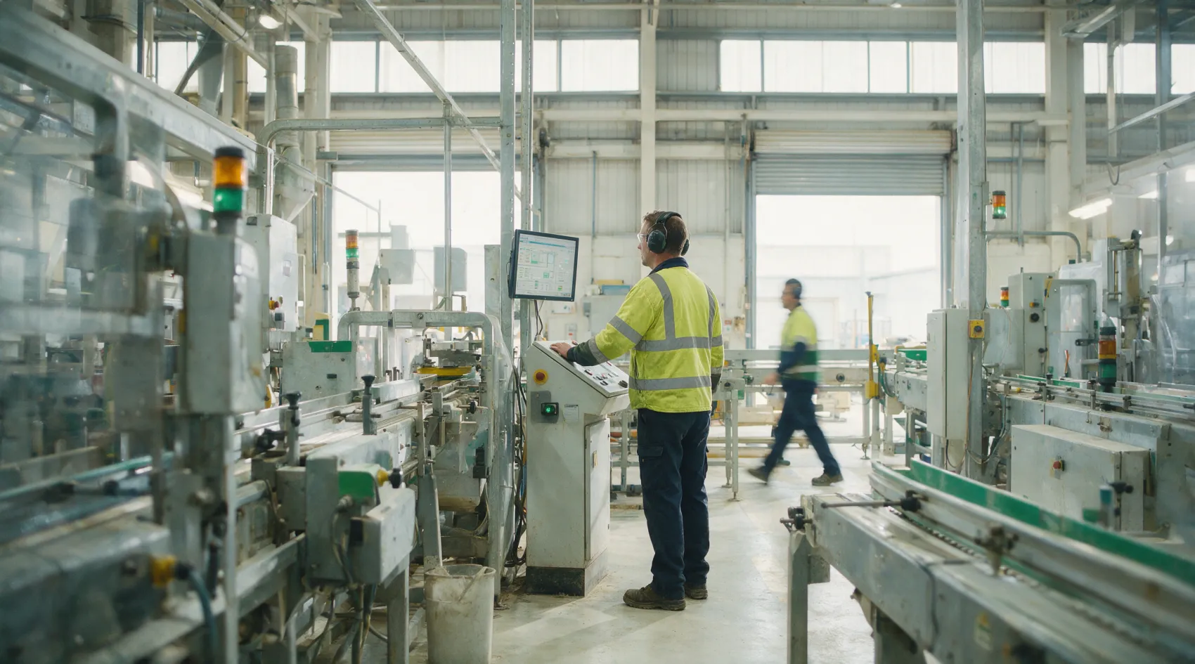 An operator at a production-plant control station, reading the live view.