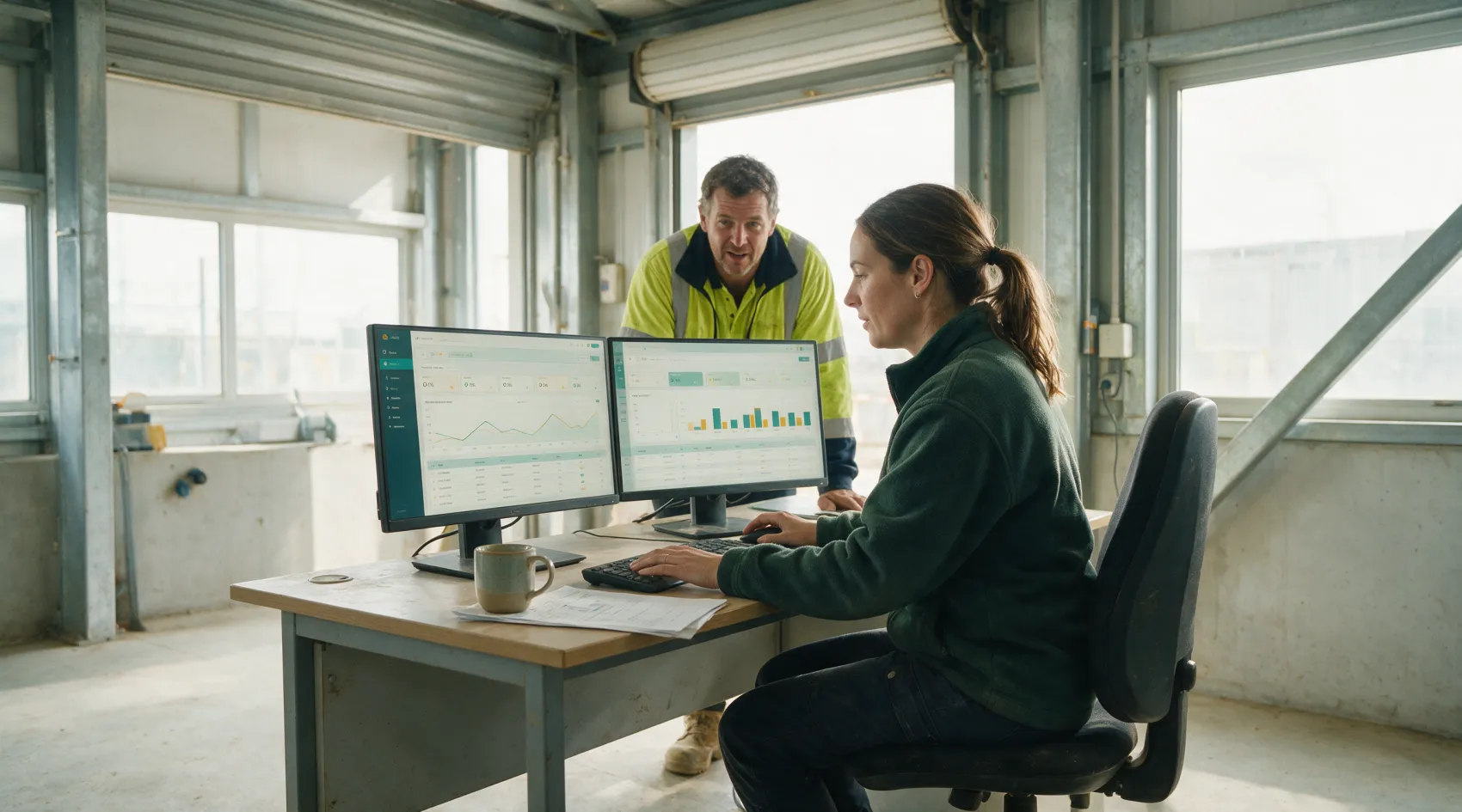A site office running the reconciled view across several screens.