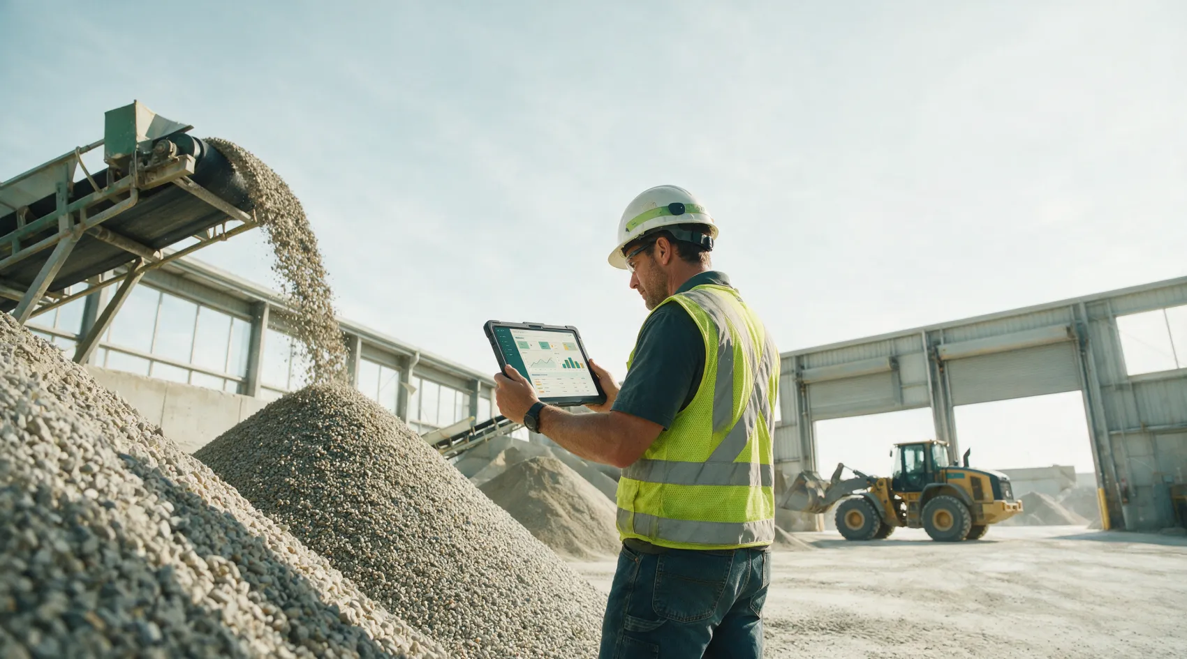 A supervisor with a tablet checking stockpile levels on site.