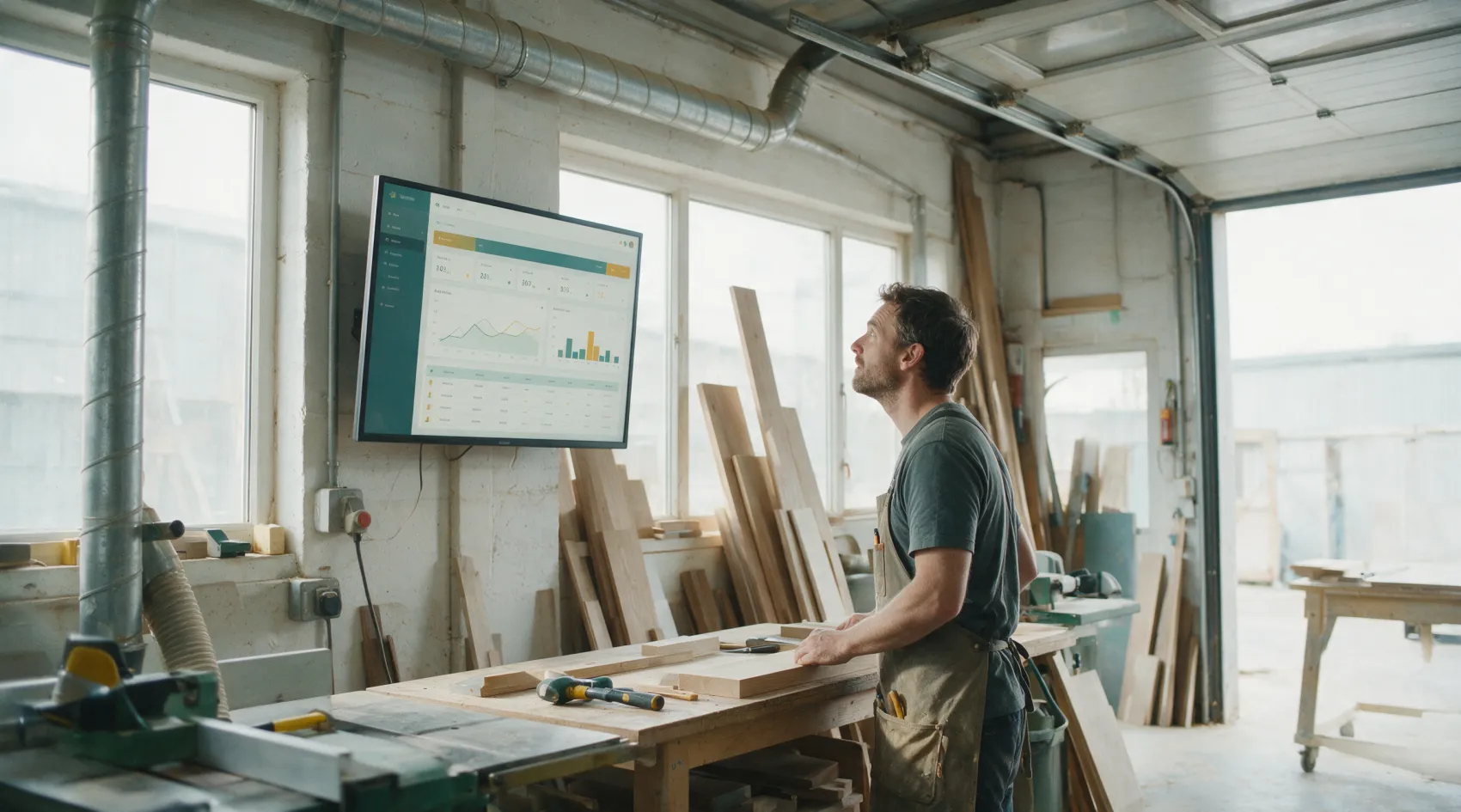 A joiner in a workshop, working from the same connected record.